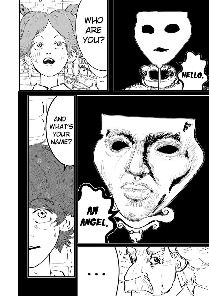 Página de mangá em preto e branco: uma garota pergunta “Who are you?” e um garoto pergunta “And what's your name?” a uma figura mascarada, que responde “Hello.” e “An angel.”