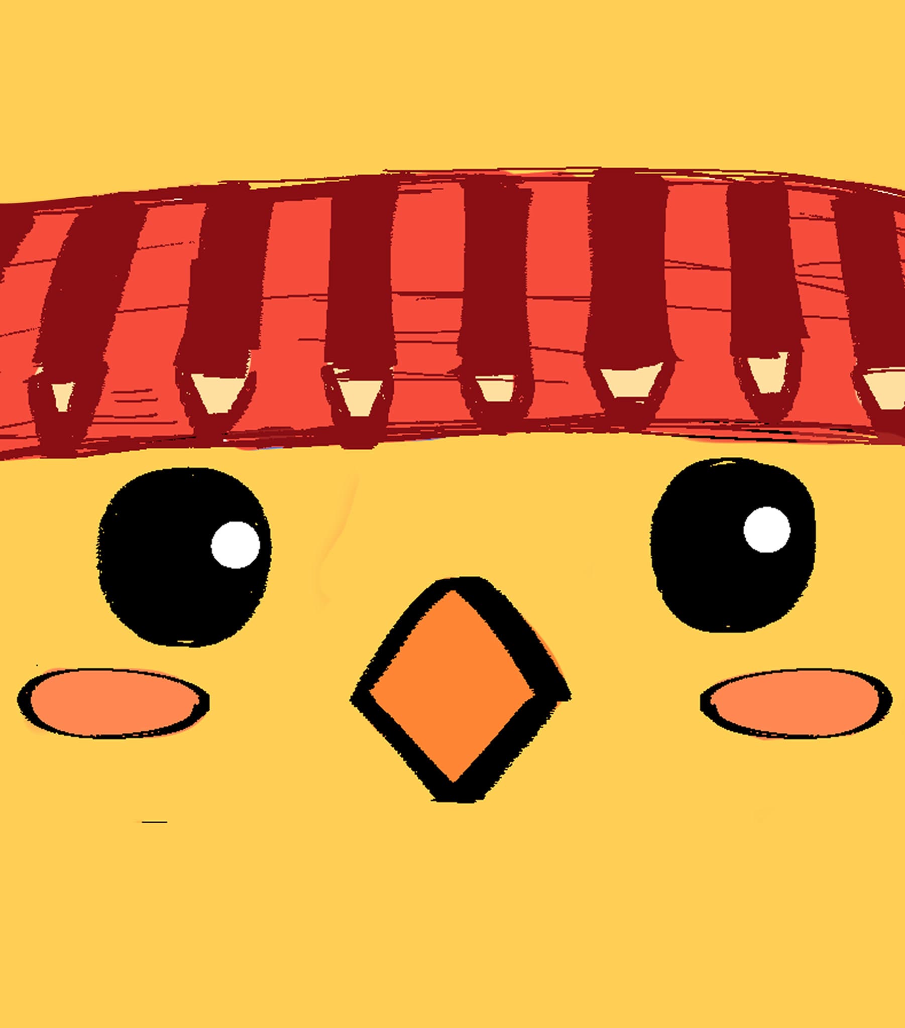 Close no rosto de um pintinho amarelo, de gorro vermelho e bochechas rosadas