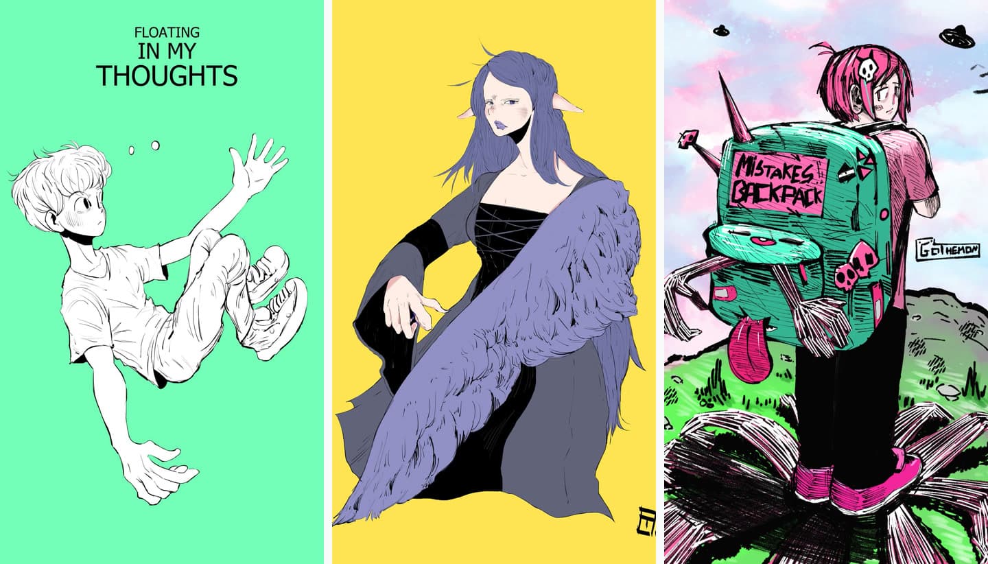 Três dos desenhos lado a lado: Floating in my thoughts, a mulher alada e Mistakes Backpack