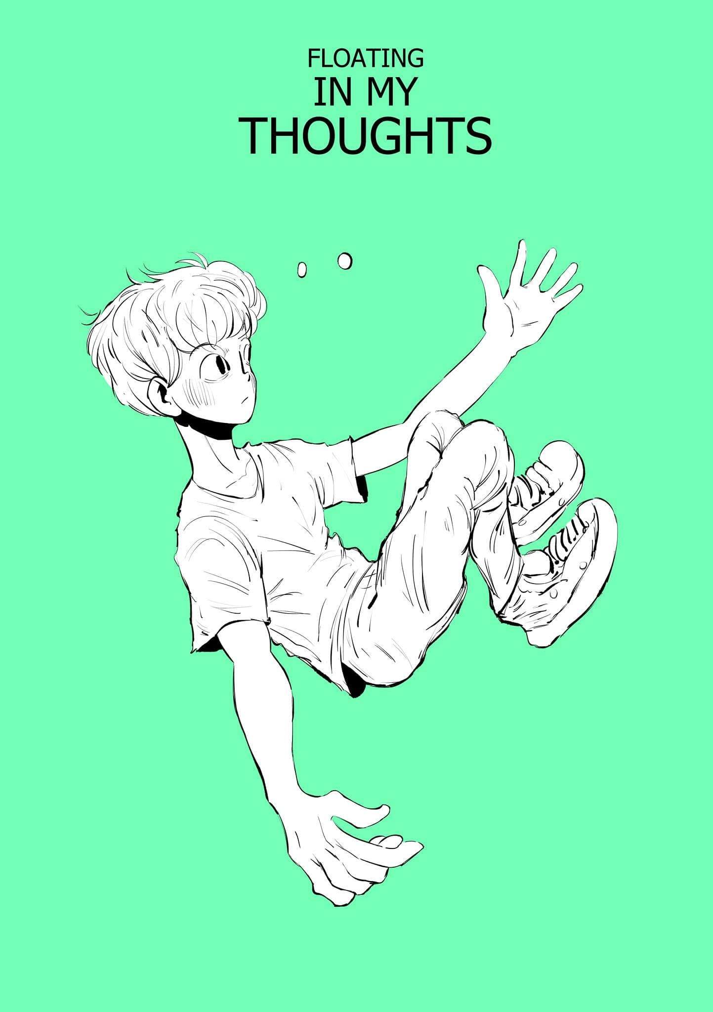 “Floating in my thoughts”: garoto flutuando no ar, de braços abertos, sobre fundo verde-menta