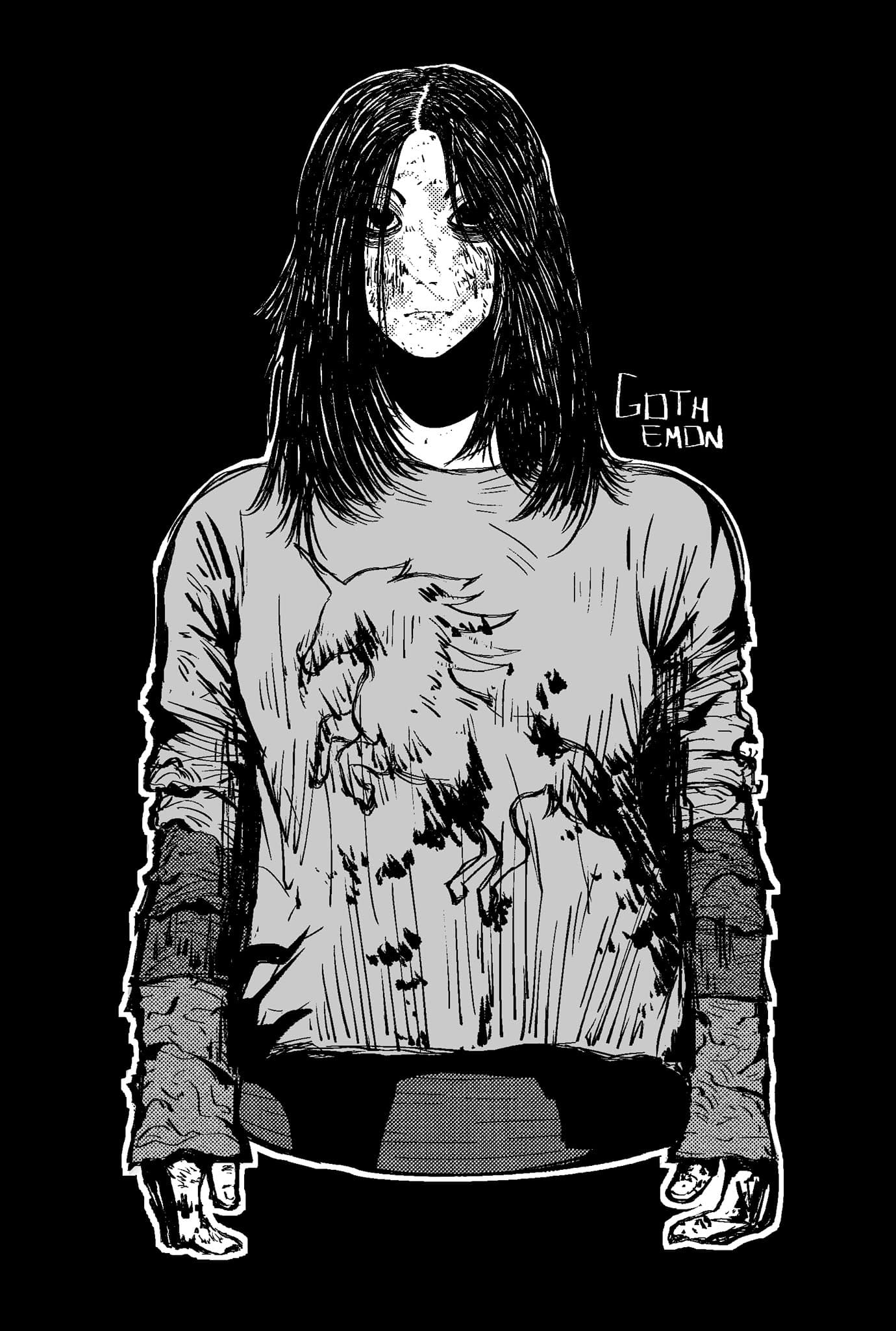 Personagem de cabelo preto comprido cobrindo o rosto, de suéter, sobre fundo preto