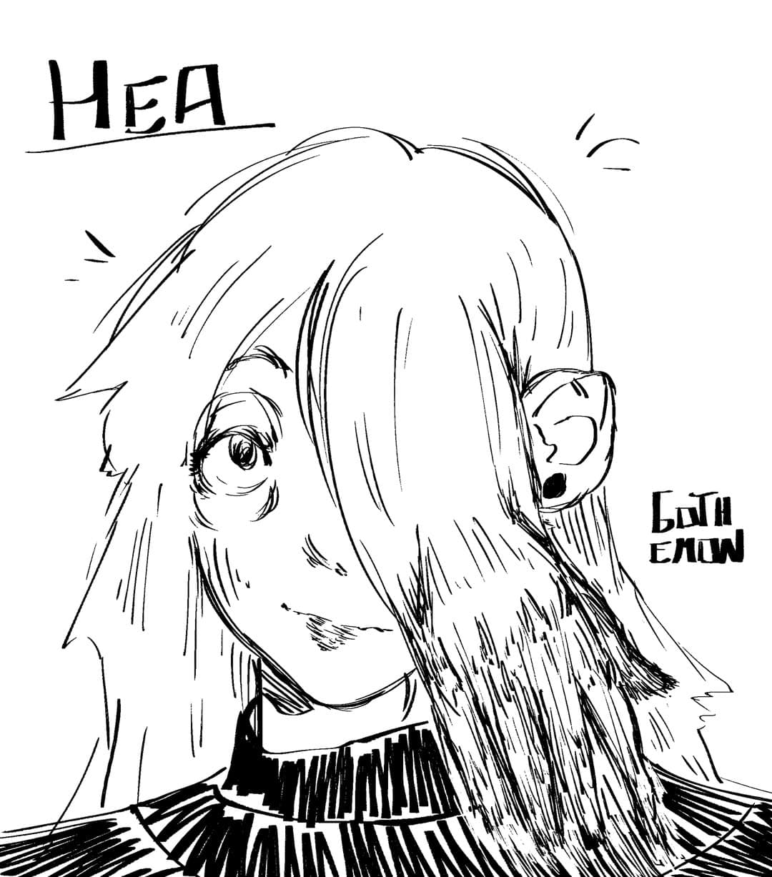 “Hea”: retrato em nanquim, preto e branco, de uma pessoa com o cabelo comprido cobrindo um dos olhos
