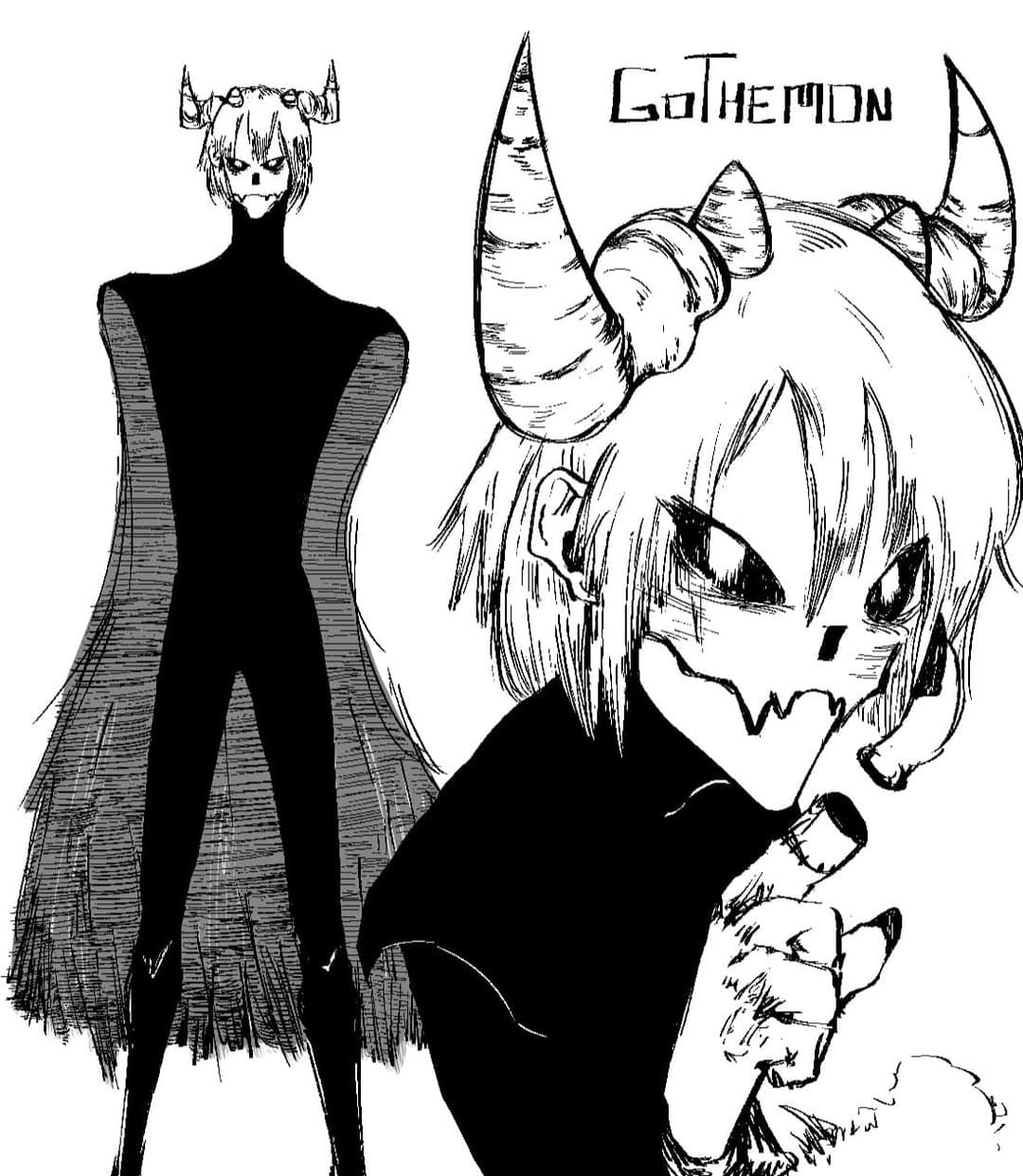 Dois personagens com chifres, em preto e branco: uma figura alta e esguia e uma garota com rosto de caveira