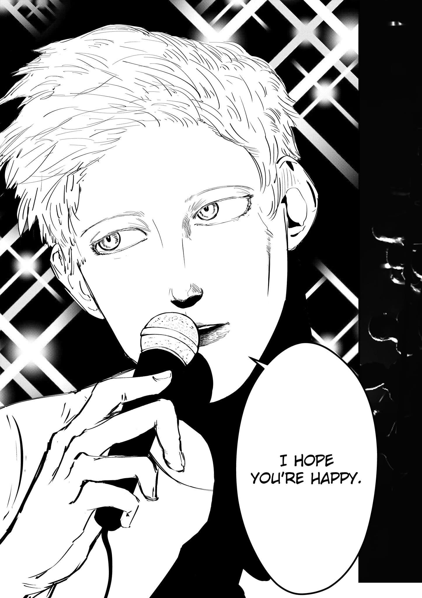 Pessoa loira cantando ao microfone, com luzes de palco ao fundo e o balão “I hope you're happy.”