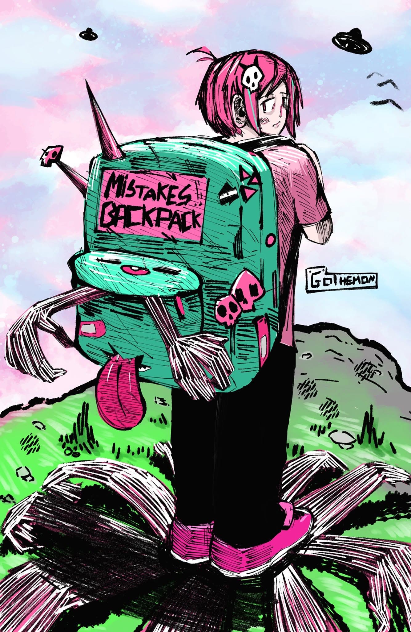 “Mistakes Backpack”: garota de cabelo rosa, de costas, com uma mochila verde cheia de espinhos, no alto de um morro sob um céu com discos voadores