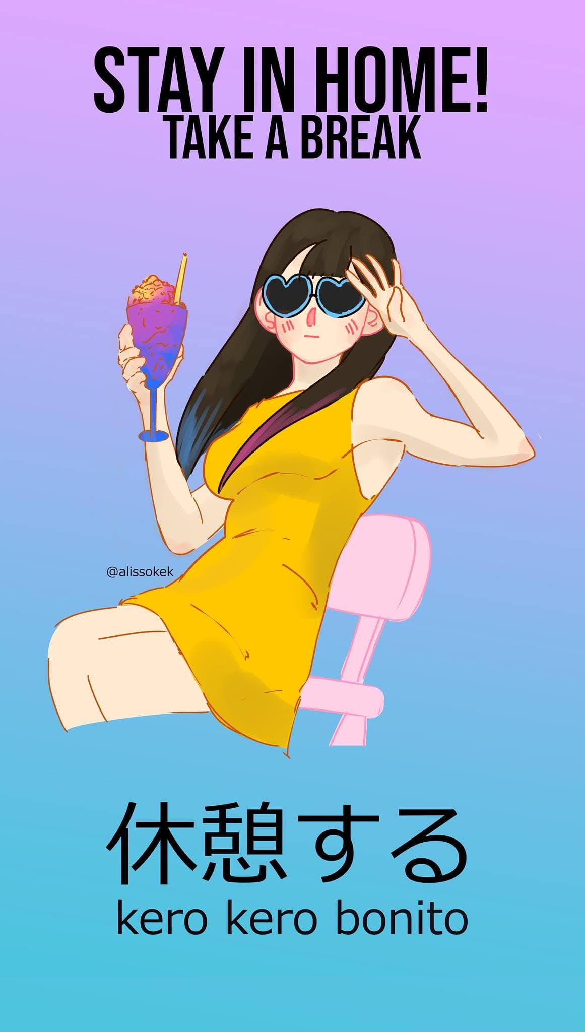 “Stay in home! Take a break”: garota de vestido amarelo e óculos de coração segurando um drink numa cadeira rosa, sobre degradê roxo e azul, com “休憩する” e “kero kero bonito” embaixo