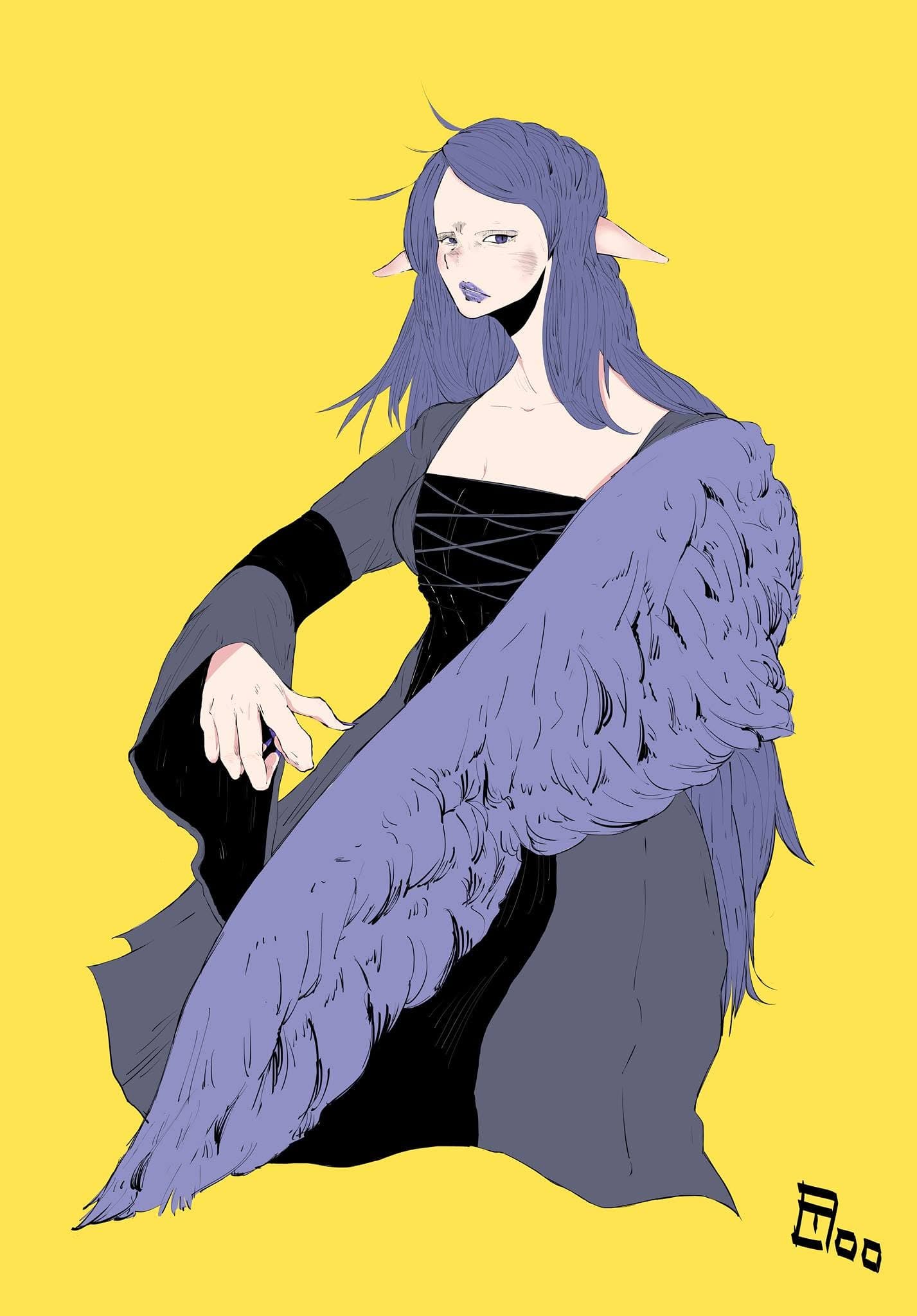 Mulher de cabelo roxo comprido e orelhas pontudas, de vestido preto, com uma grande asa de penas roxas, sobre fundo amarelo