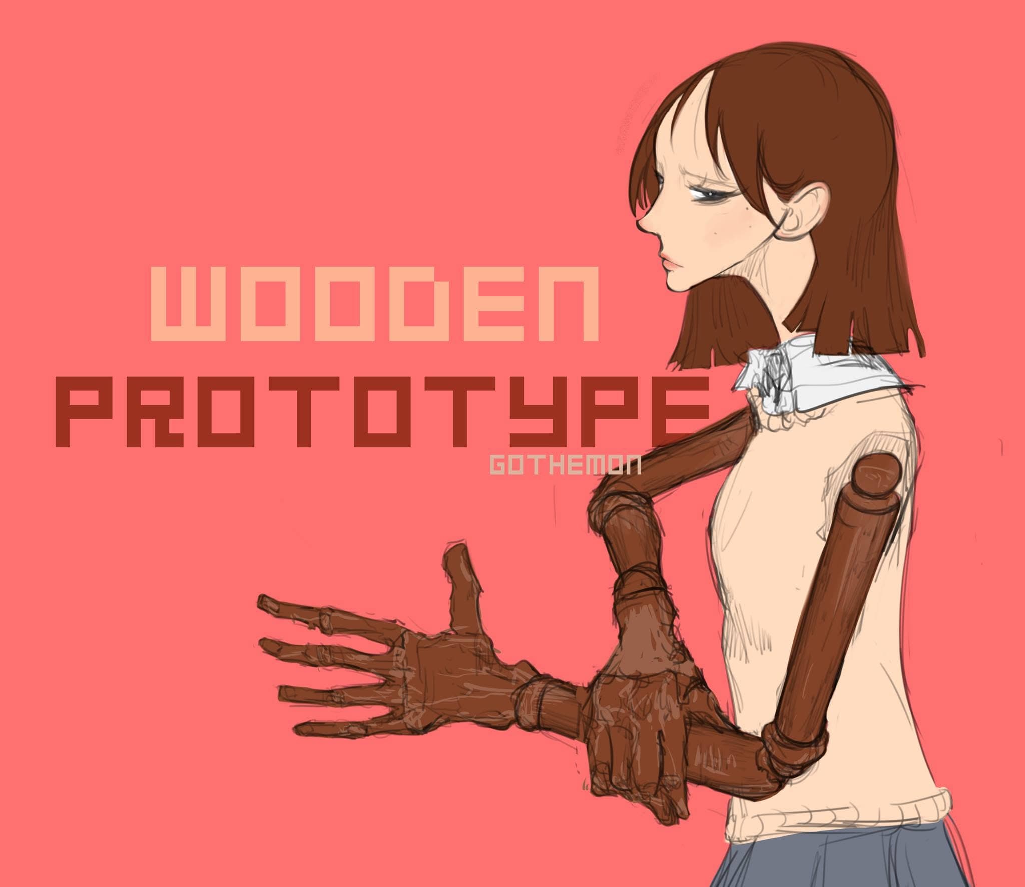 “Wooden Prototype”: garota de cabelo castanho com um braço de madeira articulado, sobre fundo coral