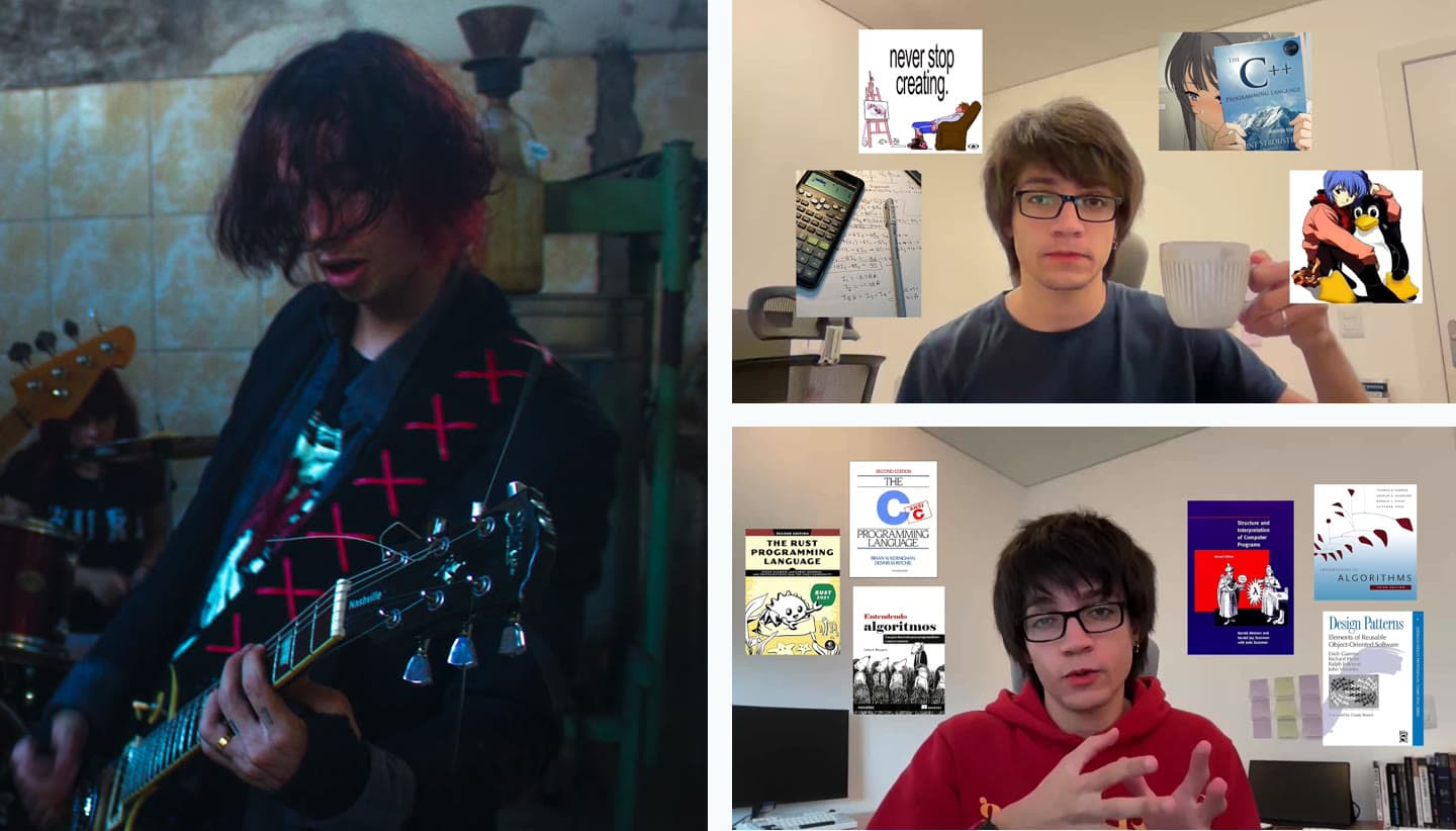 A banda the bitting crab tocando, ao lado das capas de dois vídeos do canal no YouTube