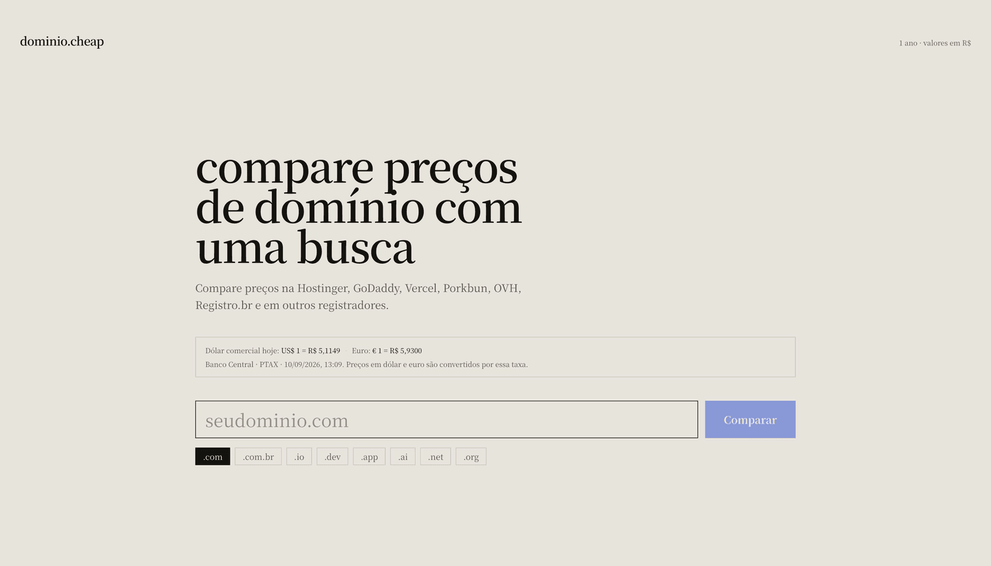 Landing page do dominio.cheap com a busca de domínio, a cotação do dólar e do euro do dia e os atalhos de extensão